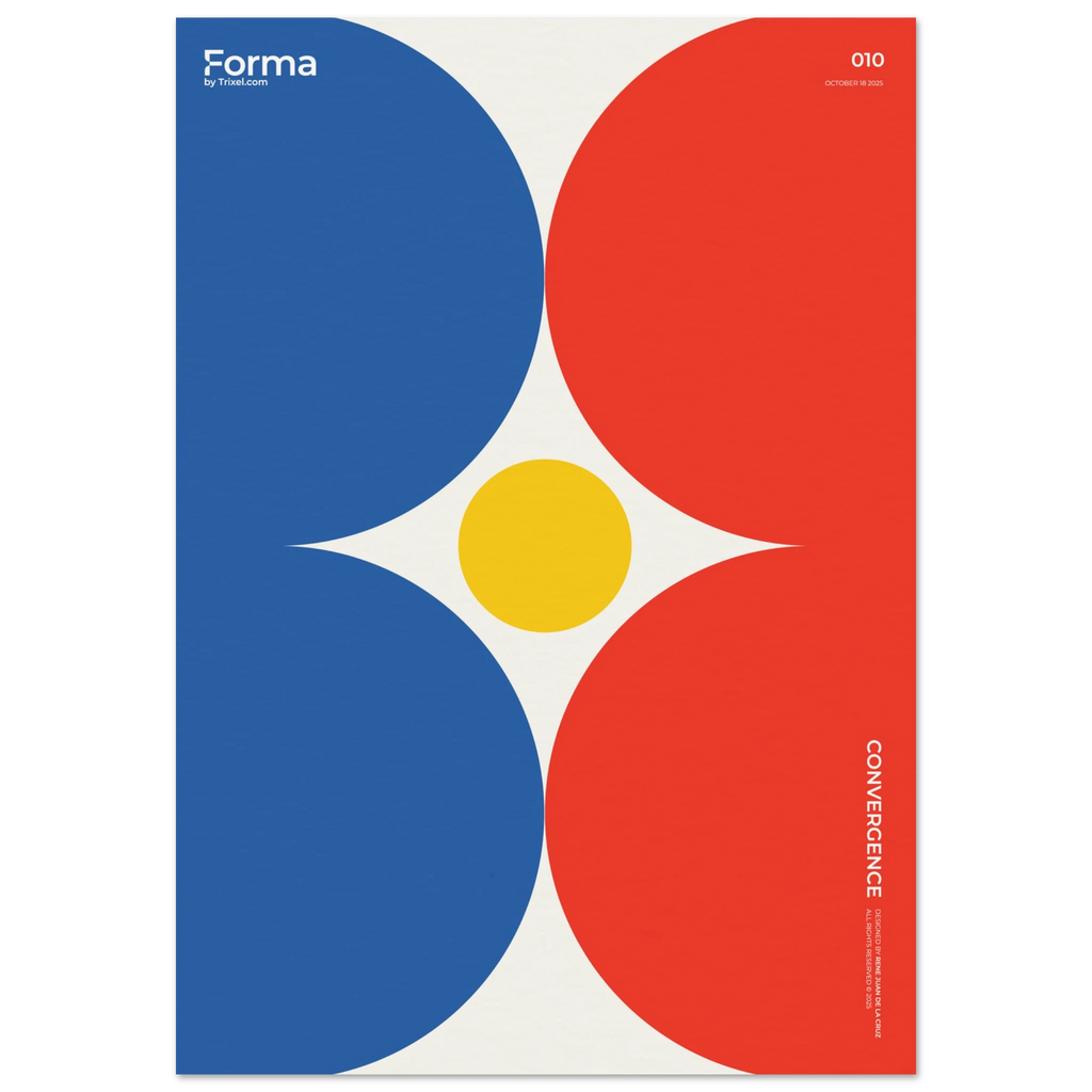 Convergence bold geometric art poster by Trixel Brooklyn, yellow circle with red and blue arcs in tension, archival giclée print on 250gsm matte paper