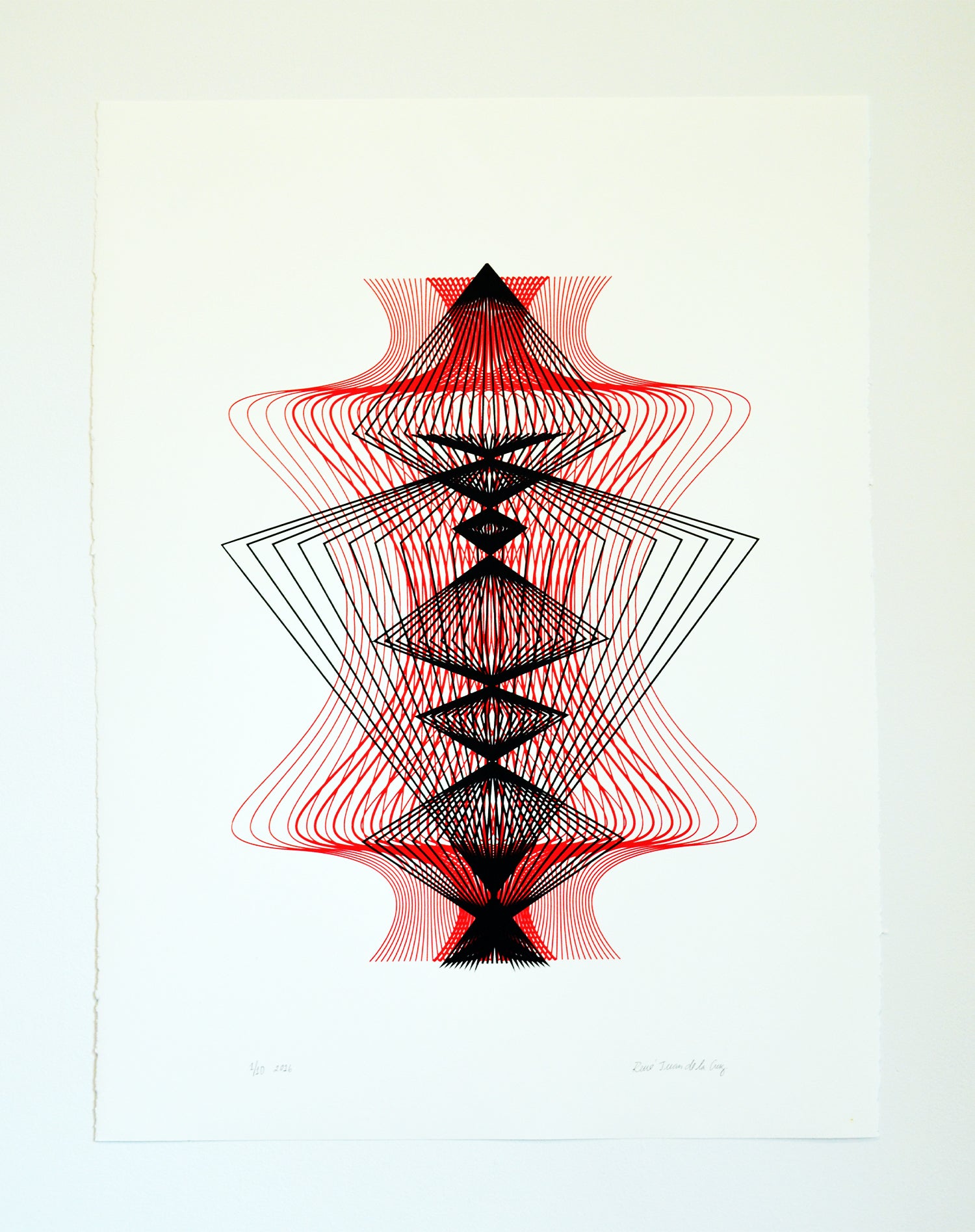 Elastic Triangulation 2 limited edition hand-pulled silkscreen by Trixel Brooklyn, two-color red and black geometric design turning inward on 250gsm cotton folio, signed and numbered, 22x30 inches
