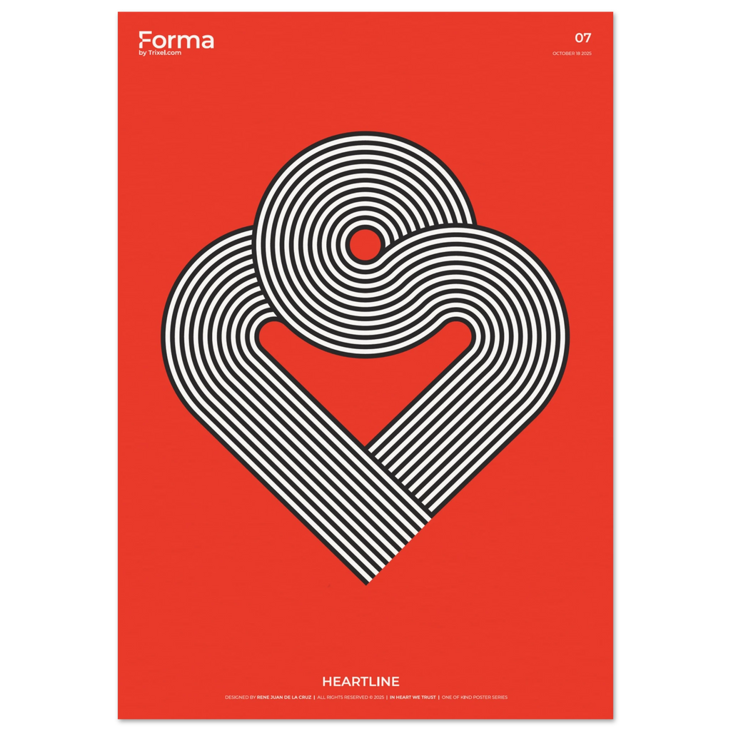Heartline minimalist heart art poster by Trixel Brooklyn, bold black and white fluid geometric line work, archival giclée print on 250gsm matte paper