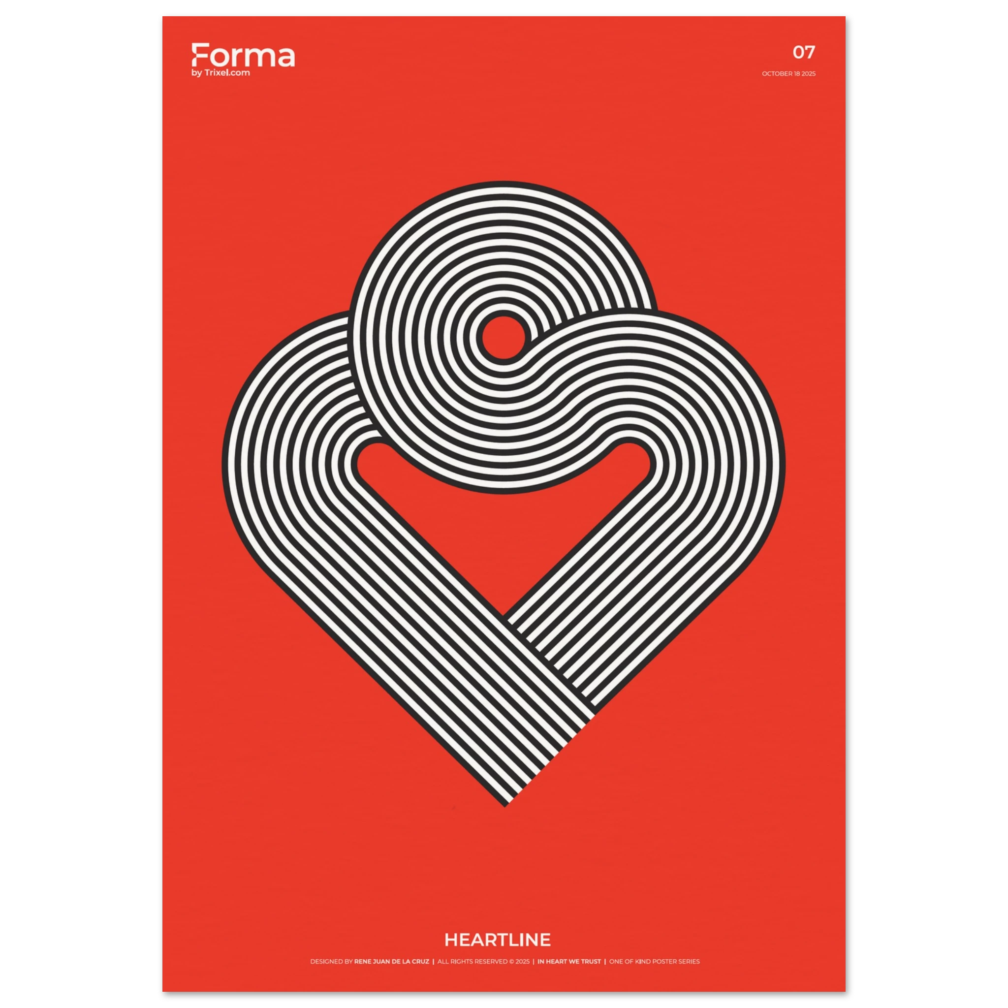 Heartline minimalist heart art poster by Trixel Brooklyn, bold black and white fluid geometric line work, archival giclée print on 250gsm matte paper