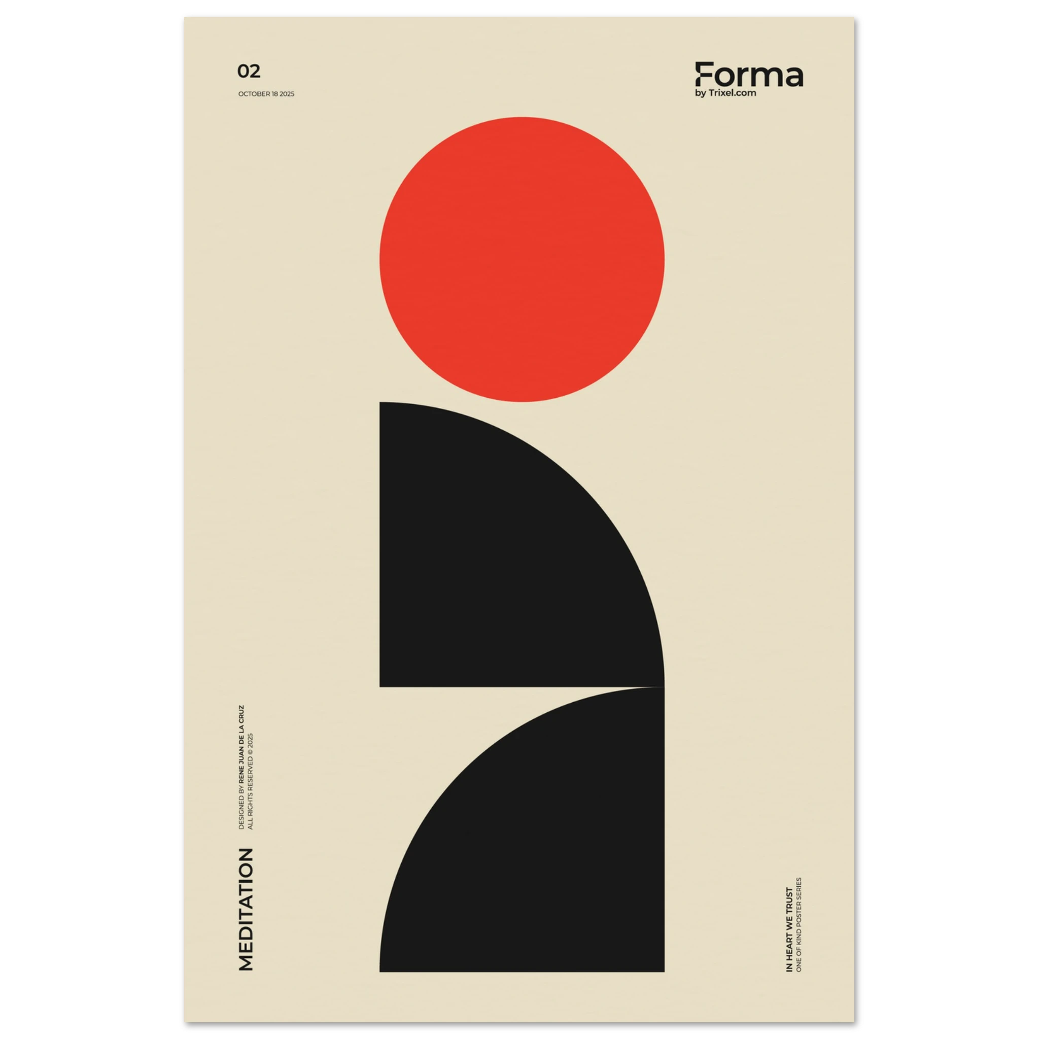 Meditation minimalist art poster by Trixel Brooklyn, geometric figure with red circle and black forms on cream, archival giclée print on 250gsm matte paper