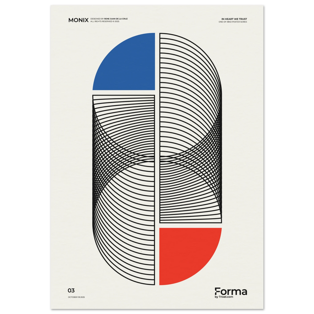 Monix abstract geometric art poster by Trixel Brooklyn, op-art concentric arcs in black blue and red on off-white, archival giclée print on 250gsm matte paper