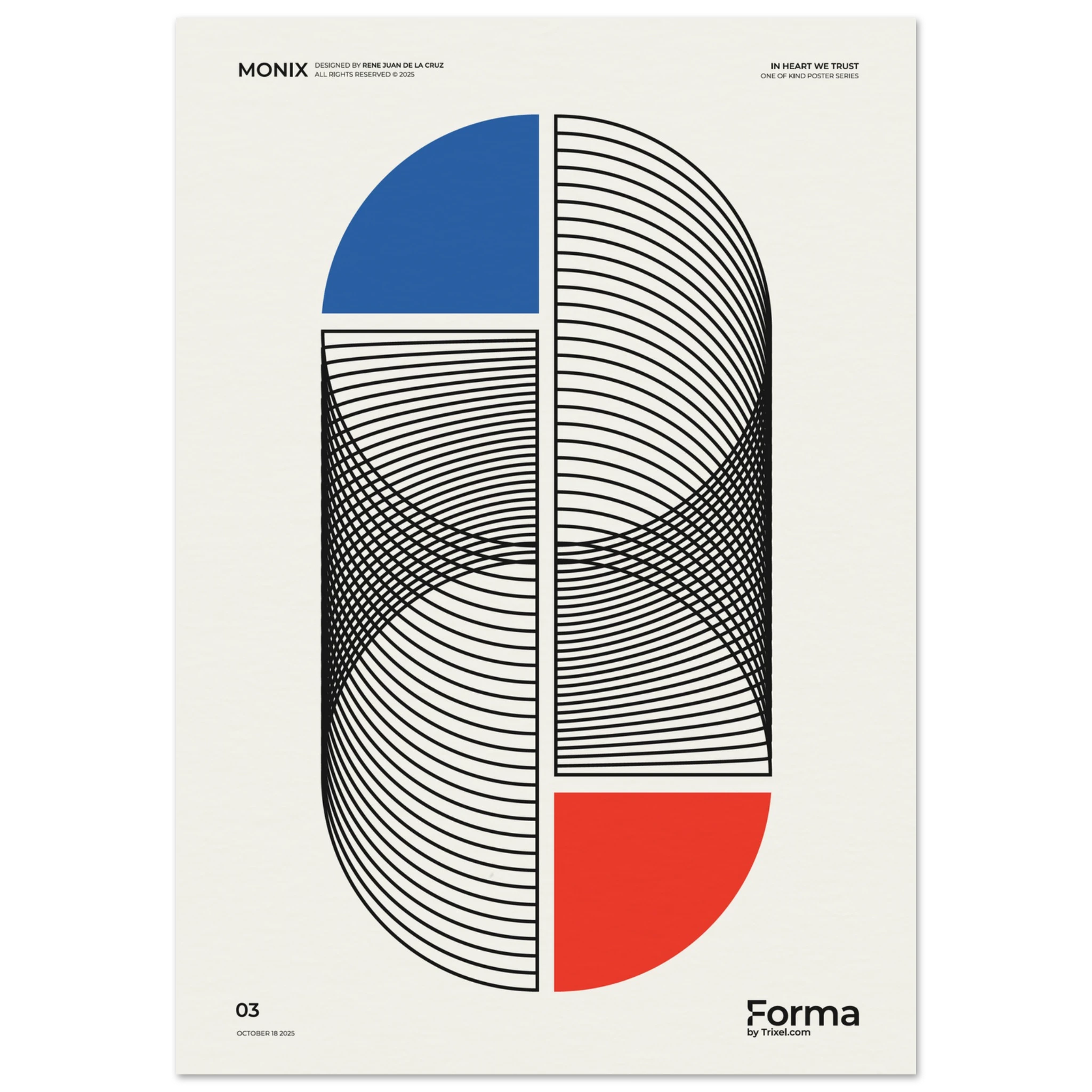 Monix abstract geometric art poster by Trixel Brooklyn, op-art concentric arcs in black blue and red on off-white, archival giclée print on 250gsm matte paper
