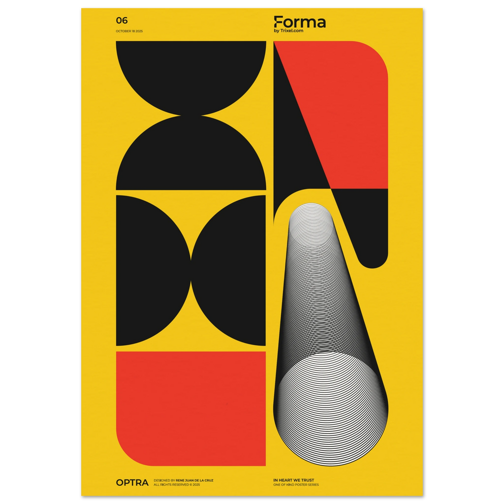 Optra Bauhaus geometric art poster by Trixel Brooklyn, bold black yellow and red forms, archival giclée print on 250gsm matte paper