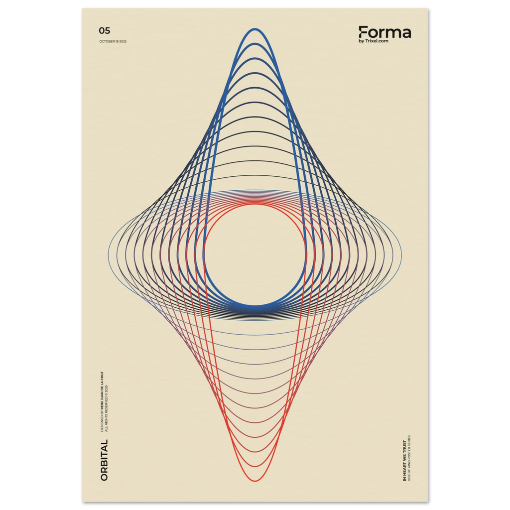 Orbital abstract art poster by Trixel Brooklyn, concentric ellipses in deep blue coral and cream, archival giclée print on 250gsm matte paper