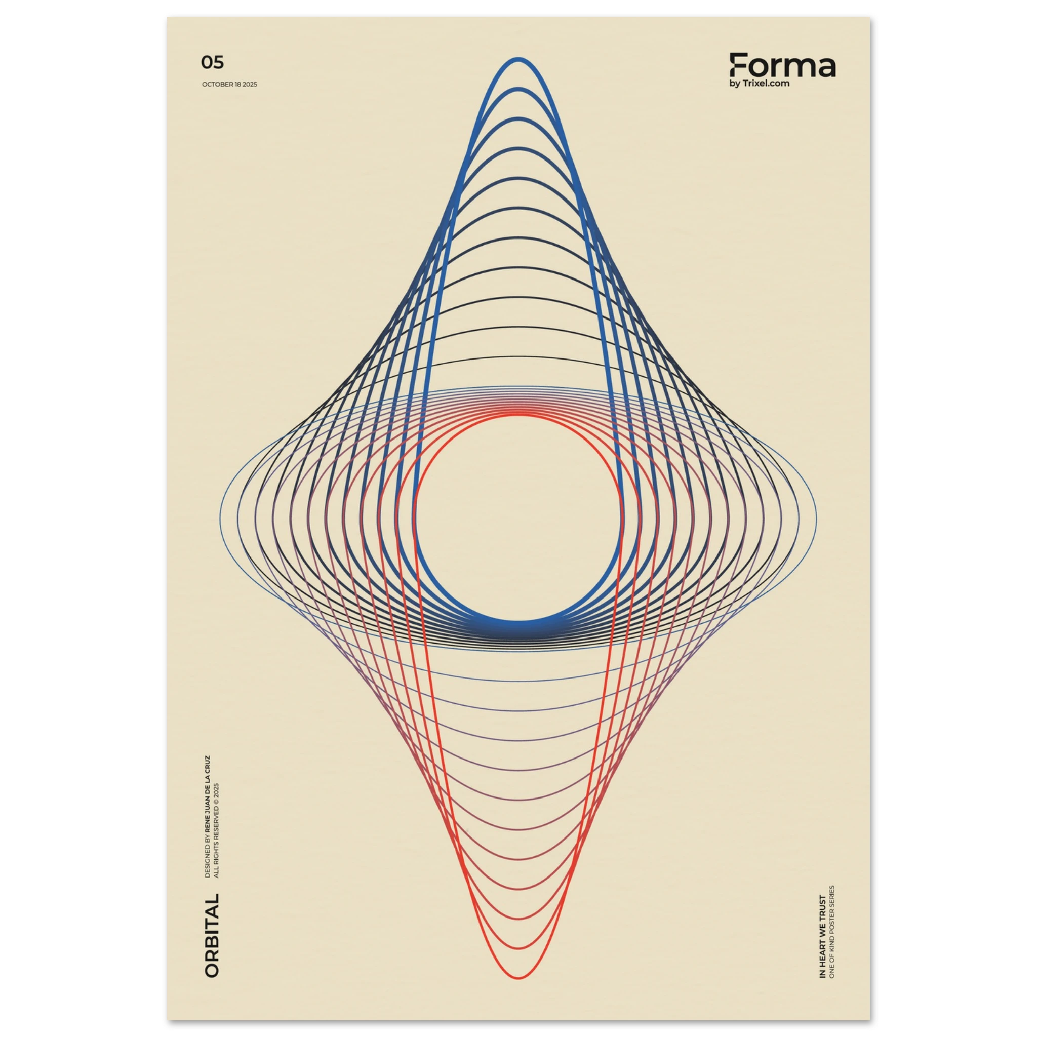Orbital abstract art poster by Trixel Brooklyn, concentric ellipses in deep blue coral and cream, archival giclée print on 250gsm matte paper