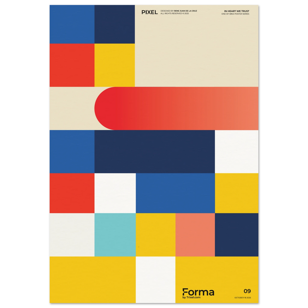 Pixel Mondrian-inspired art poster by Trixel Brooklyn, primary color grid with red yellow and blue blocks, archival giclée print on 250gsm matte paper