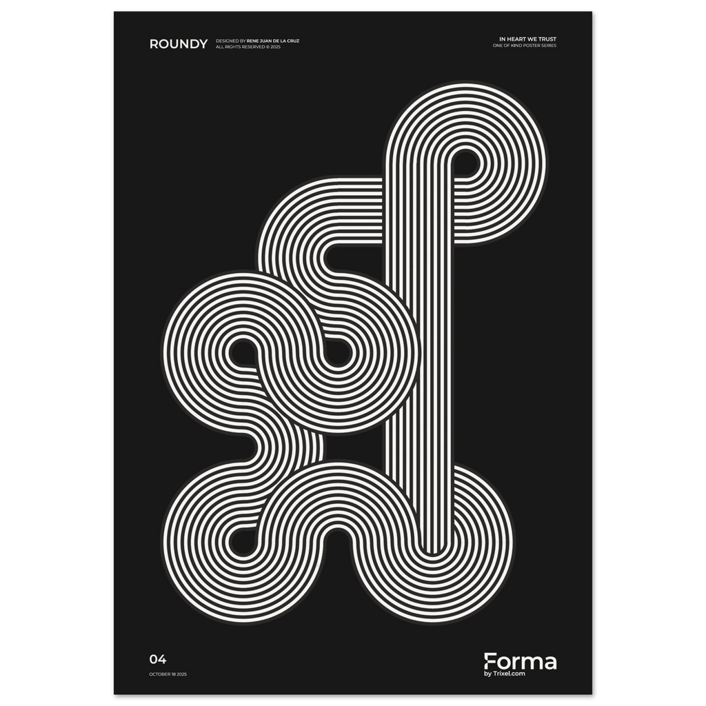 Roundy optical illusion art poster by Trixel Brooklyn, continuous loop op-art geometry in white on black, archival giclée print on 250gsm matte paper